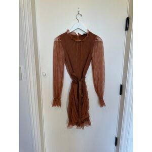 PAPPERMOON Women Orange Tulle Ruched Tie Waist Long Sleeve Mock Neck Dress S